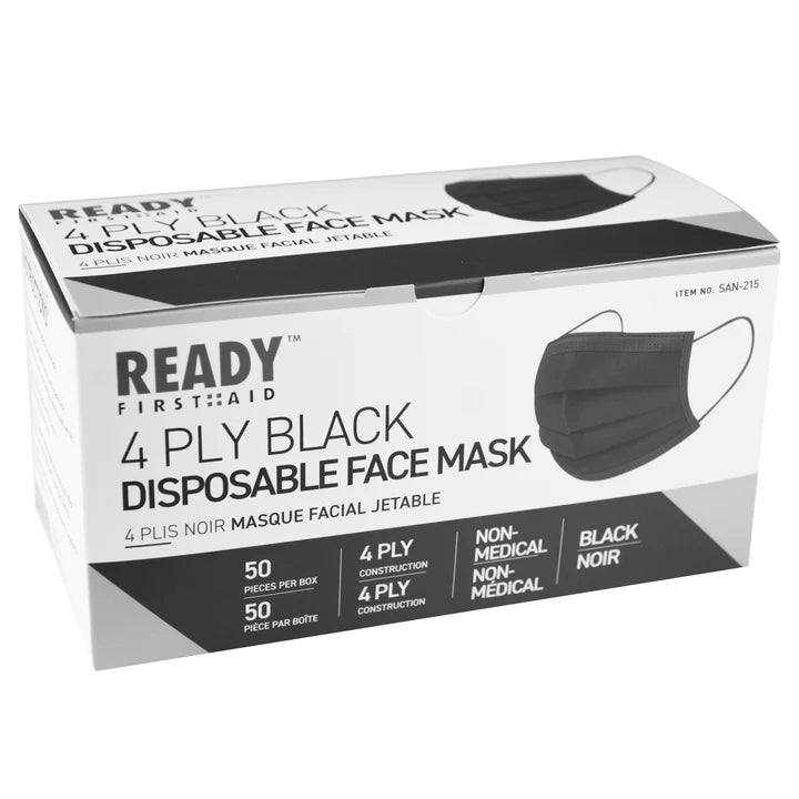 4-PLY Earloop Disposable Face Mask, Black, Box Of 50 - Ready First Aid