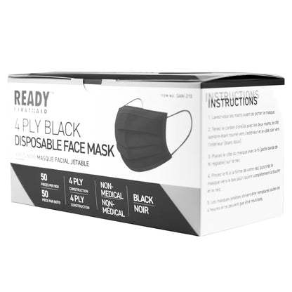 4-PLY Earloop Disposable Face Mask, Black, Box Of 50 - Ready First Aid