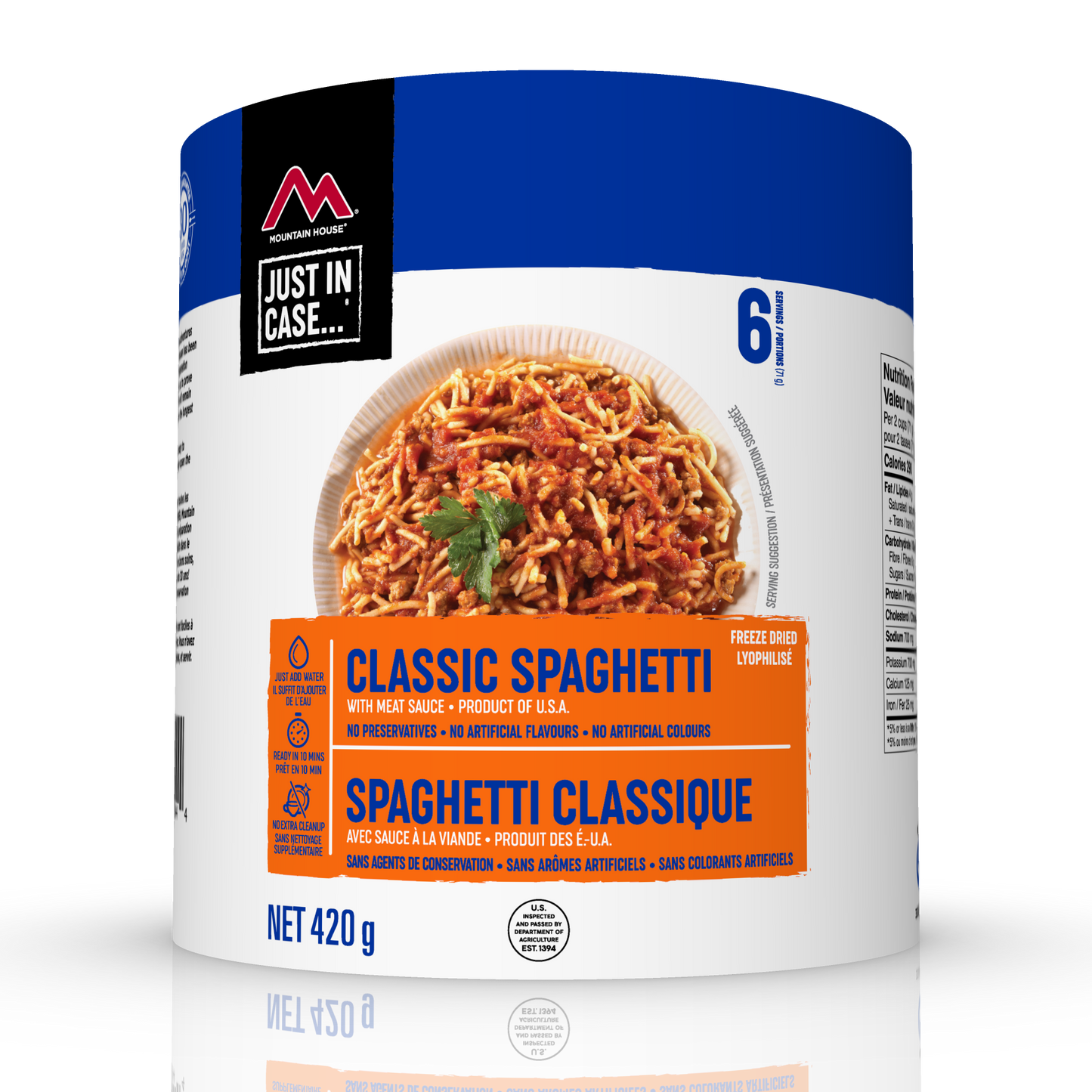 The Mountain House Spaghetti with Meat Sauce #10 Can is made with noodles and beef in Italian-style red sauce. Perfect for emergency food storage.