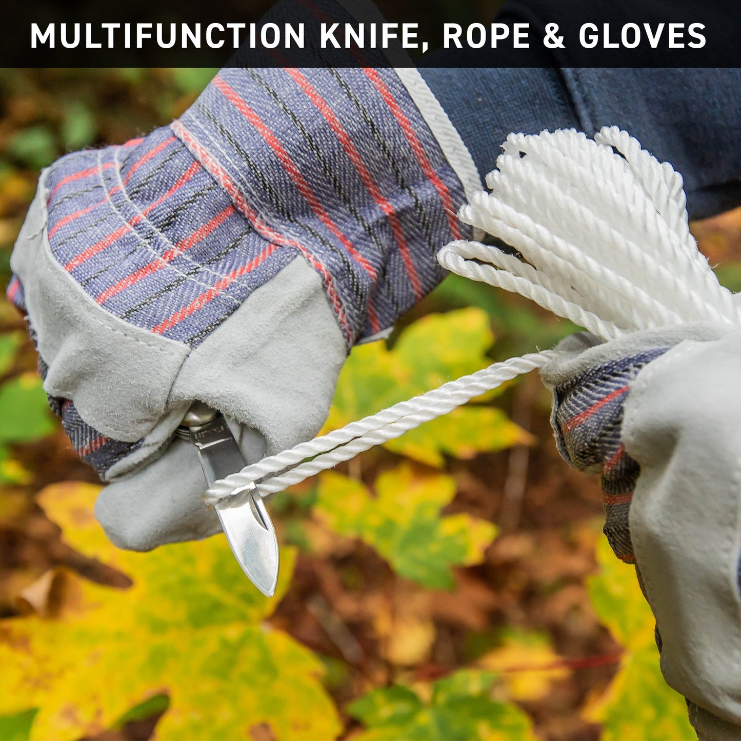 multifunction knife cutting rope while wearing leather work gloves.