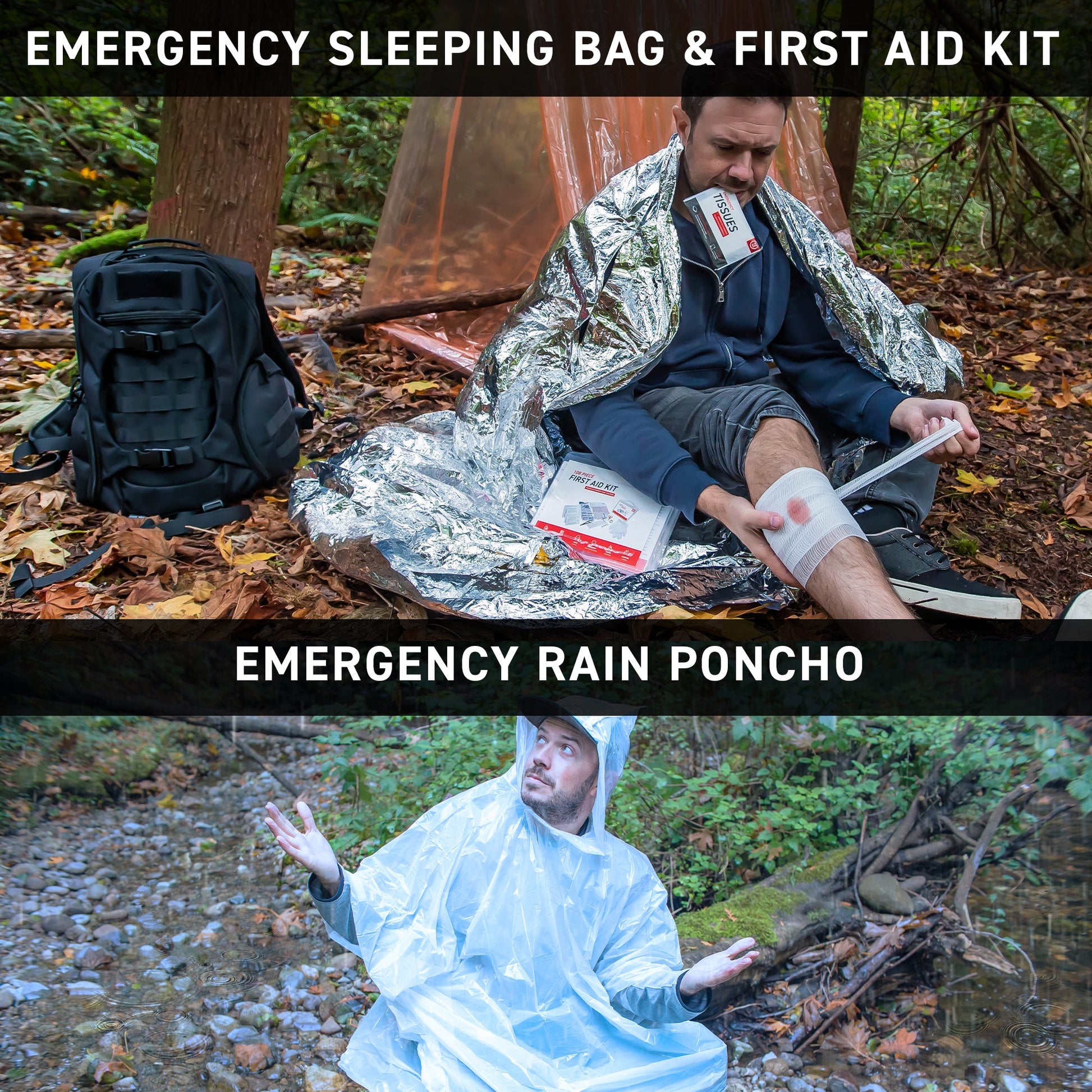 man using emergency sleeping bag and first aid kit beside him. Man wearing rain poncho